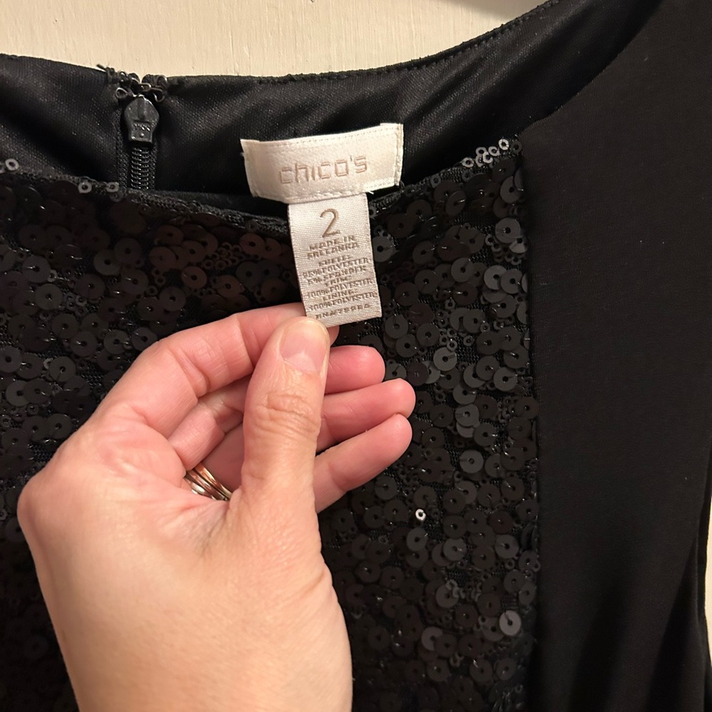 Chicos black elegant party mid dress black sequins women’s large zip back - Picture 2 of 6